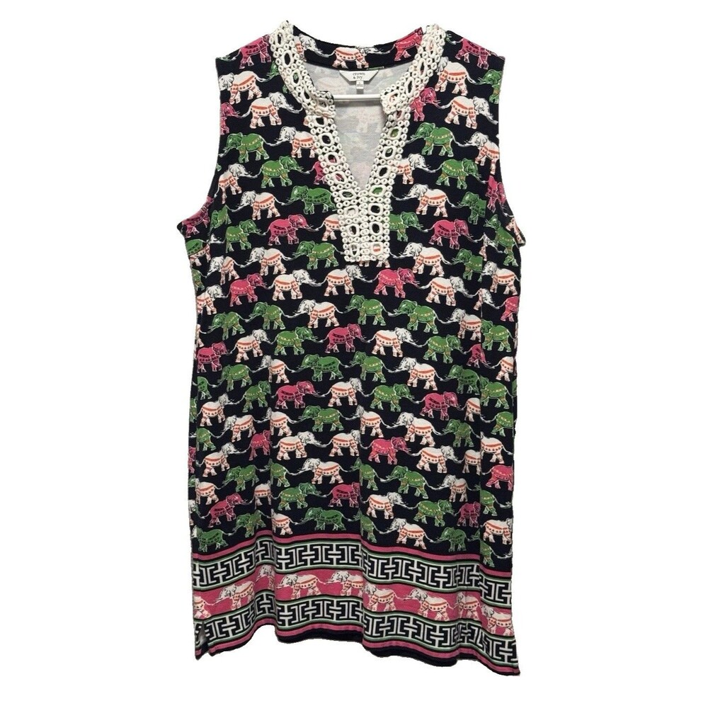 Crown & Ivy Women’s Large Elephant Print Shift Dress Crochet Trim Sleeveless 32”